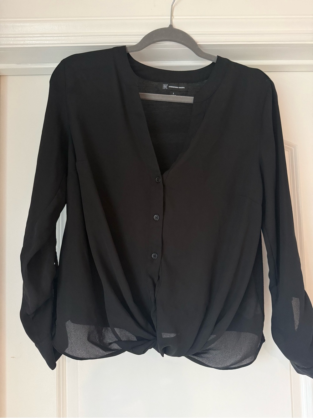 INC International Concepts Black Twist-Hem Button Blouse